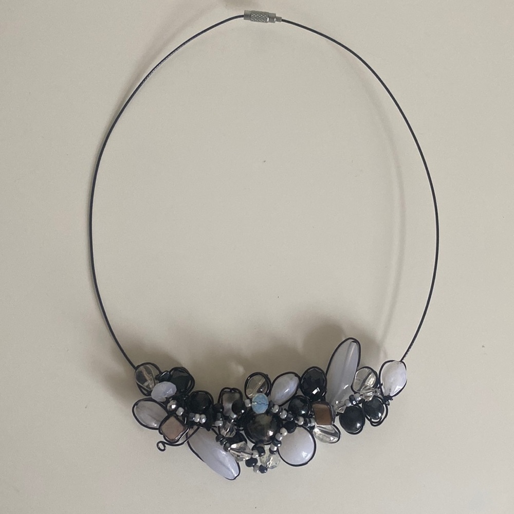 Handmade Necklace Wire & Beads Black & White Artsy Unique Statement Jewelry